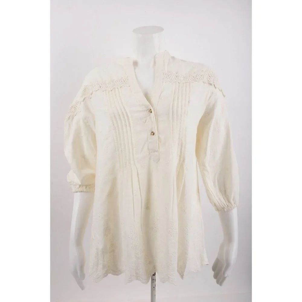 Zara Womens Embroidered Shirt Blouse S Ivory Half Sleeve V-Neck 5770/027 NWT
